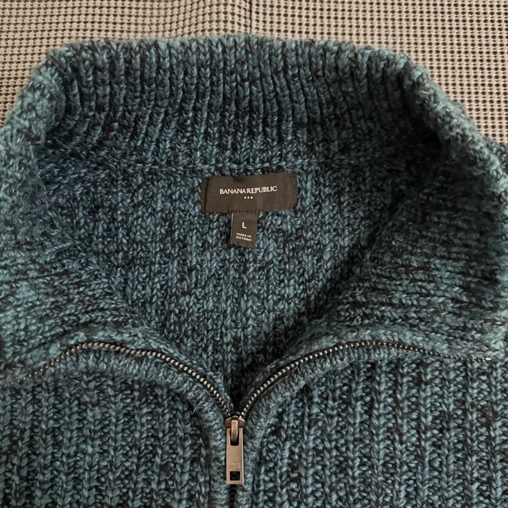 Banana Republic Mens Large Teal Marled Ribbed Knit Quarter Zip Sweater Pullover